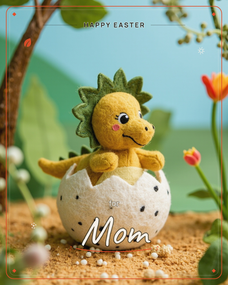 A felt baby dinosaur with a spiky green mane and rosy cheeks pokes up out of a cracked, speckled eggshell, set on a sandy patch amid felt trees, leaves…, a easter e-card design