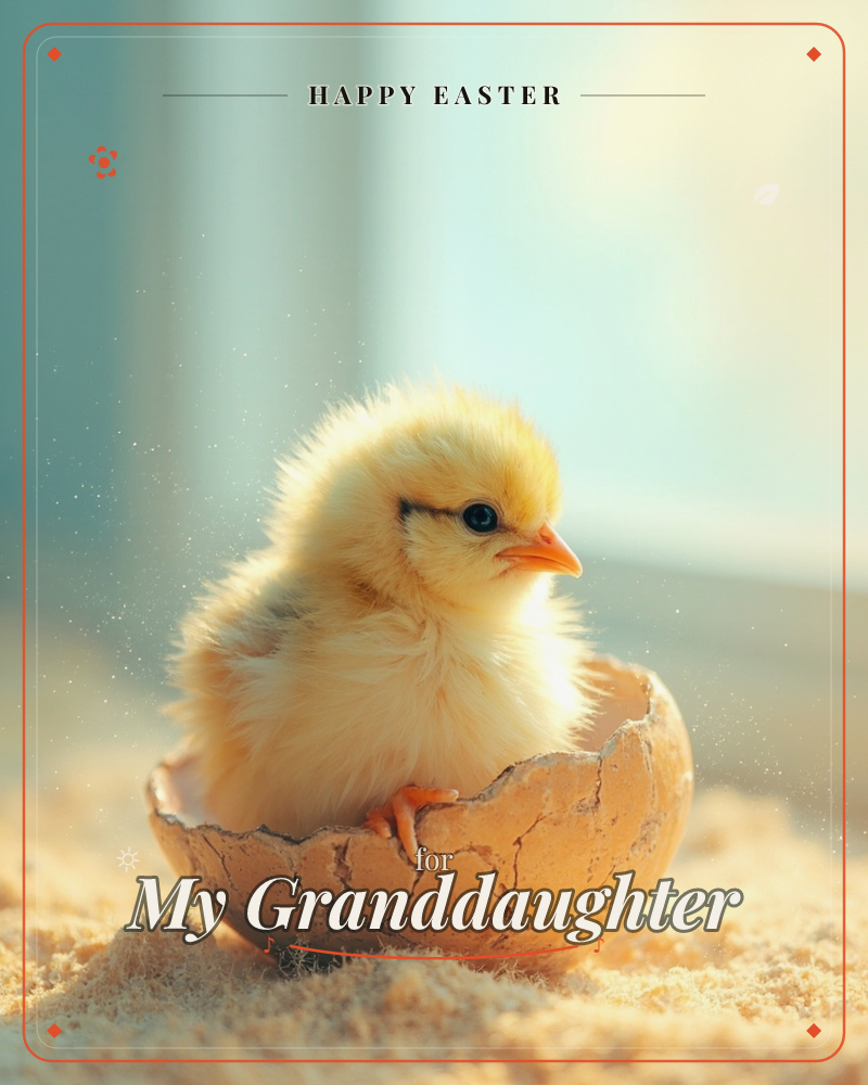 A fluffy yellow chick sits perched inside a cracked eggshell, caught in soft golden light with dust motes drifting through the air, a easter e-card design