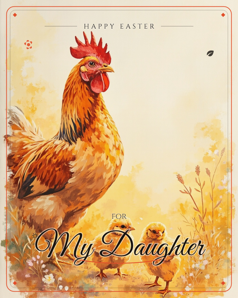 A painterly hen with a bright red comb stands tall beside two fluffy yellow chicks, all set against a warm golden field washed in soft sunlight, a easter e-card design