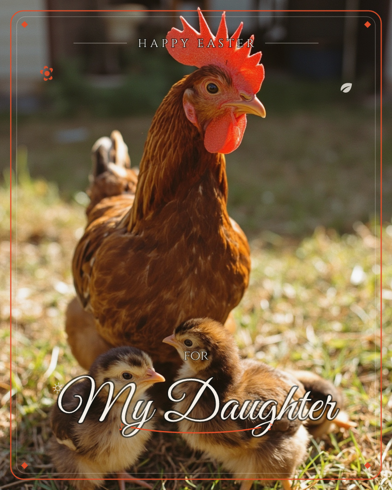 A russet-feathered hen with a bright red comb stands watch over three fluffy chicks huddled at her feet in sun-warmed grass, a easter e-card design