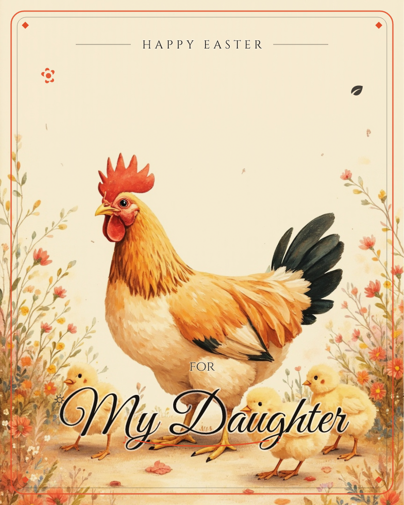 A cream-feathered hen with a bright red comb stands proudly among wildflowers, three fluffy yellow chicks gathered at her feet, a easter e-card design
