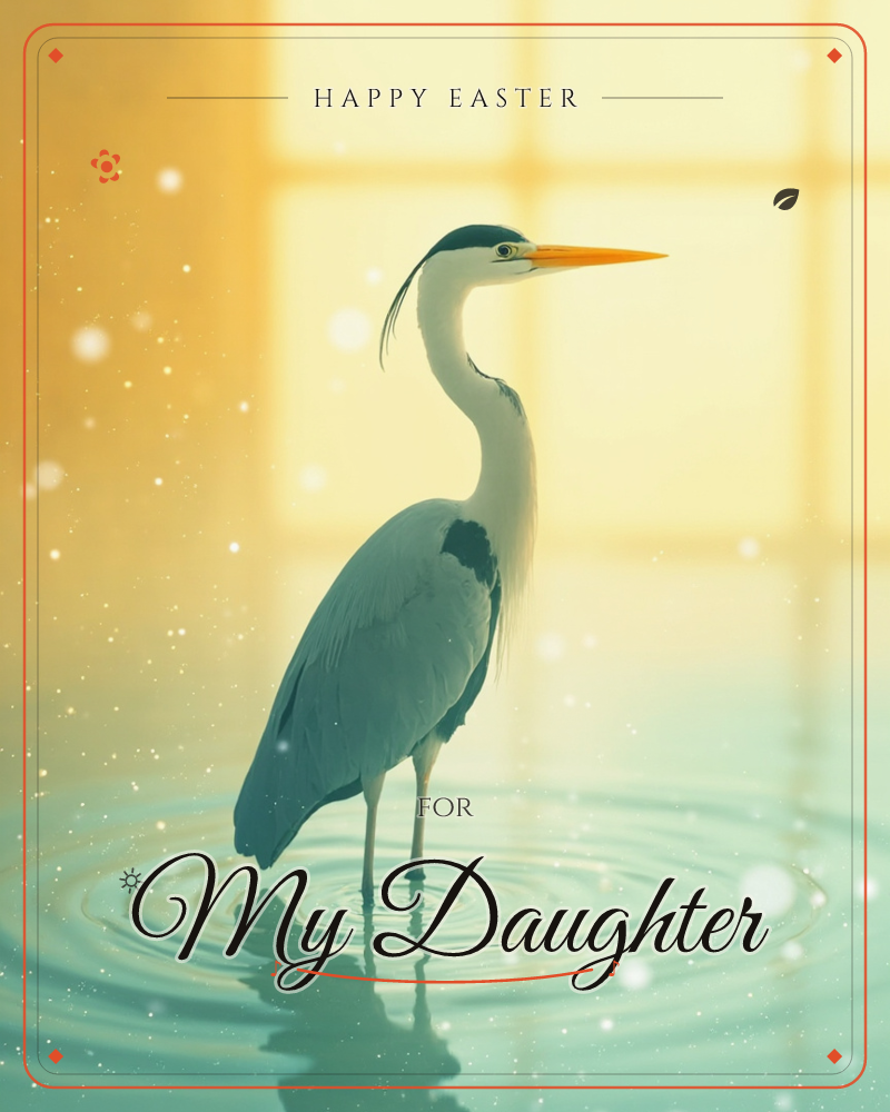A heron stands motionless in shallow, glassy water, its long orange bill catching golden light from a tall window behind it, a easter e-card design