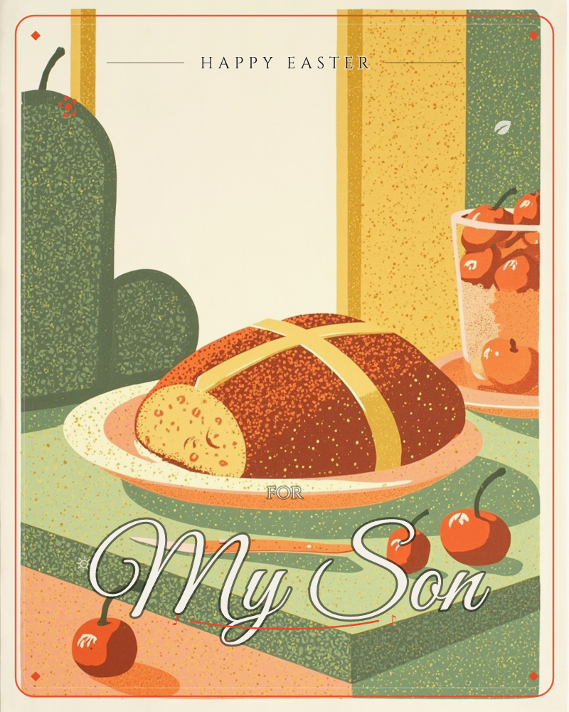 A textured still life shows a golden-crossed loaf of bread on a plate, its crust deeply browned and cut open to reveal a soft interior, a easter e-card design