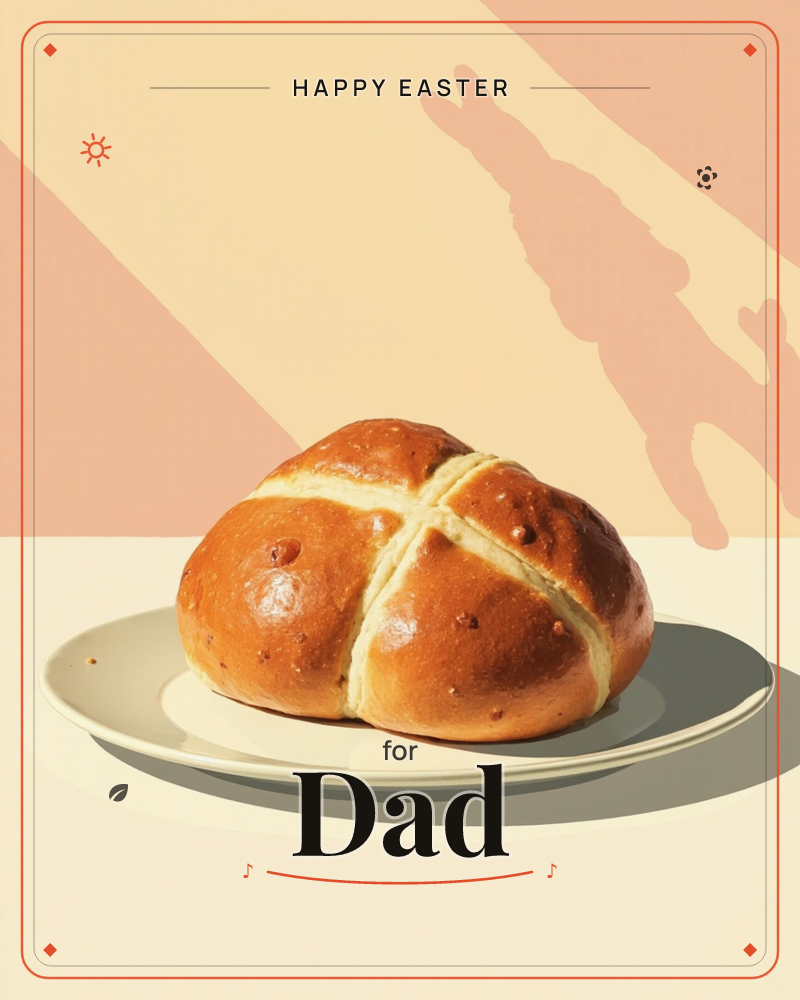 A single glazed hot cross bun sits on a plain white plate, its pale icing cross catching the light against a warm peach and cream backdrop, a easter e-card design