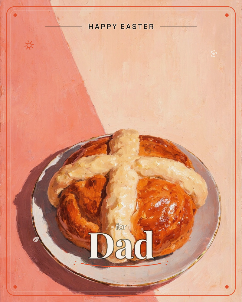A single hot cross bun sits glazed and glossy on a white plate with a thin gold rim, its pastry cross painted thick and pale against the caramel-brown…, a easter e-card design