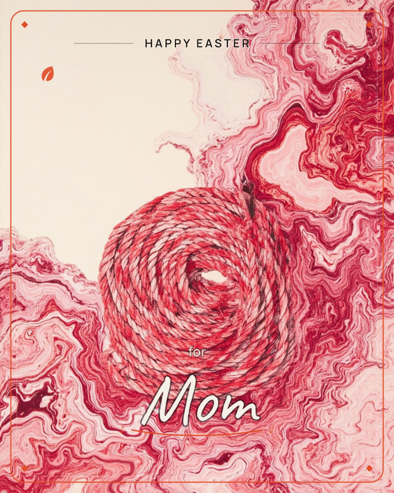A tightly coiled rope sits at the center of a swirling, marbled sea of red and pink, its twisted fibers echoing the liquid ripples that spread and…, a easter e-card design