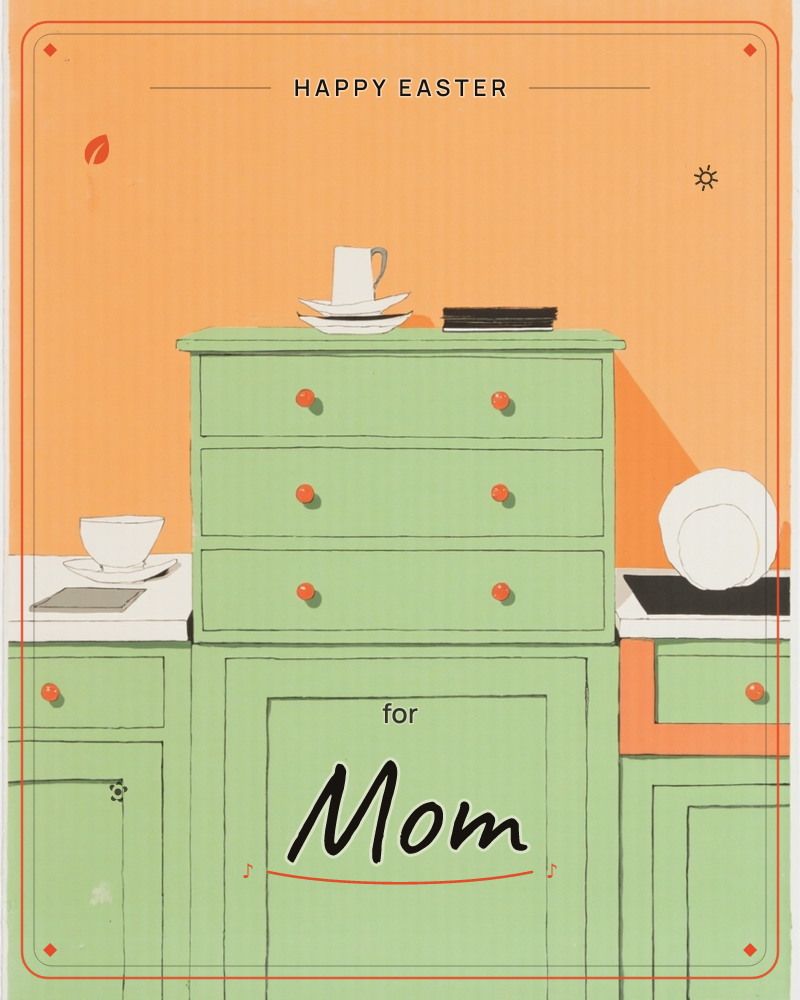 A row of mint-green kitchen cabinets and drawers stands against a bold orange wall, each drawer fitted with a small red knob, a easter e-card design