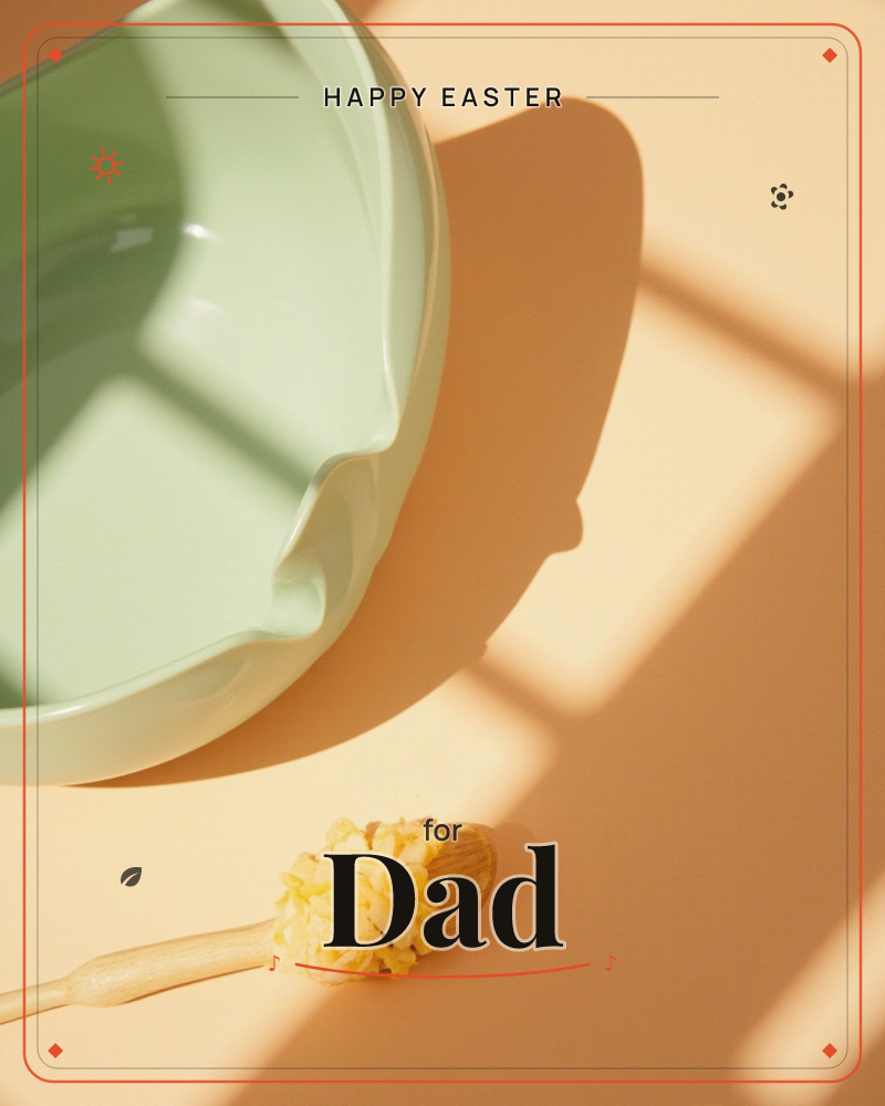 A pale mint mixing bowl with a pour spout sits on a warm peach surface, its long shadow stretched by strong window light into crisp geometric bars, a easter e-card design