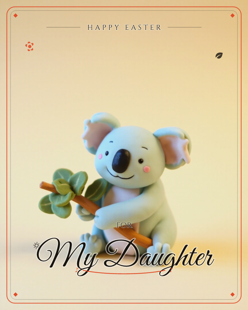 A small clay-sculpted koala with rosy cheeks and a happy smile sits hugging a eucalyptus branch, rendered in soft blue-grey with a warm cream backdrop…, a easter e-card design