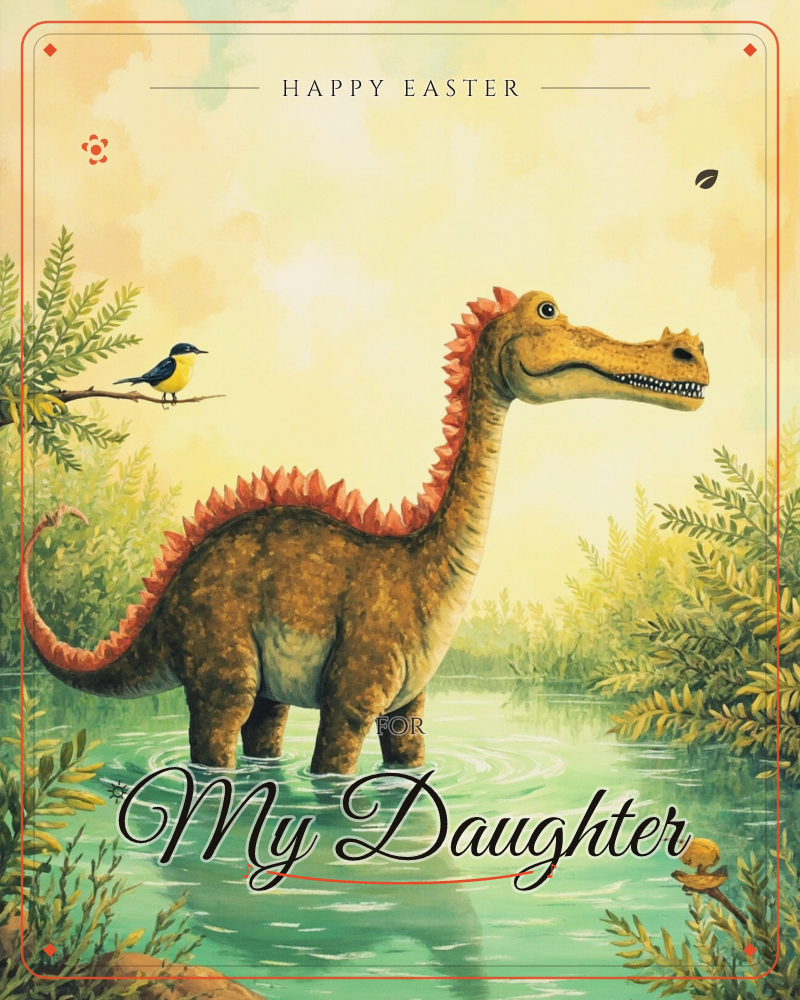 A long-necked dinosaur with a spiked ridge along its back and tail wades through a shallow, turquoise pool ringed by ferns and golden foliage, a easter e-card design