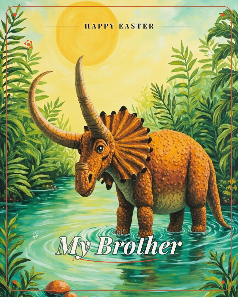A horned dinosaur with a single sweeping horn and spiked frill wades through a shallow green pool, ringed by ripples it has just made, a easter e-card design