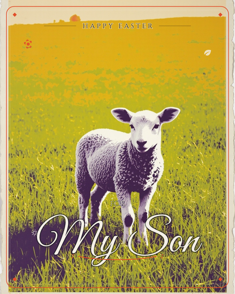 A young lamb stands alone in a bright field, facing forward with ears perked, rendered in bold screen-print tones of chartreuse, mustard and violet, a easter e-card design