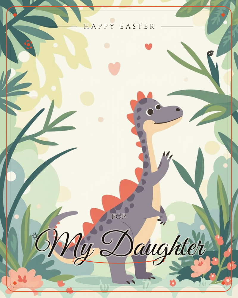 A cheerful purple dinosaur with a coral spiked back stands amid lush jungle foliage, waving one clawed hand toward little pink hearts floating above, a easter e-card design