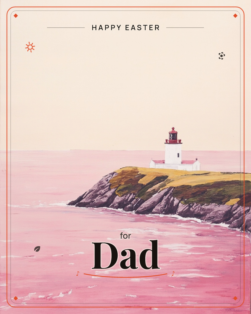 A white lighthouse with a deep red lantern room stands on a rugged clifftop above the sea, its rocky base streaked in mossy olive and mauve, a easter e-card design