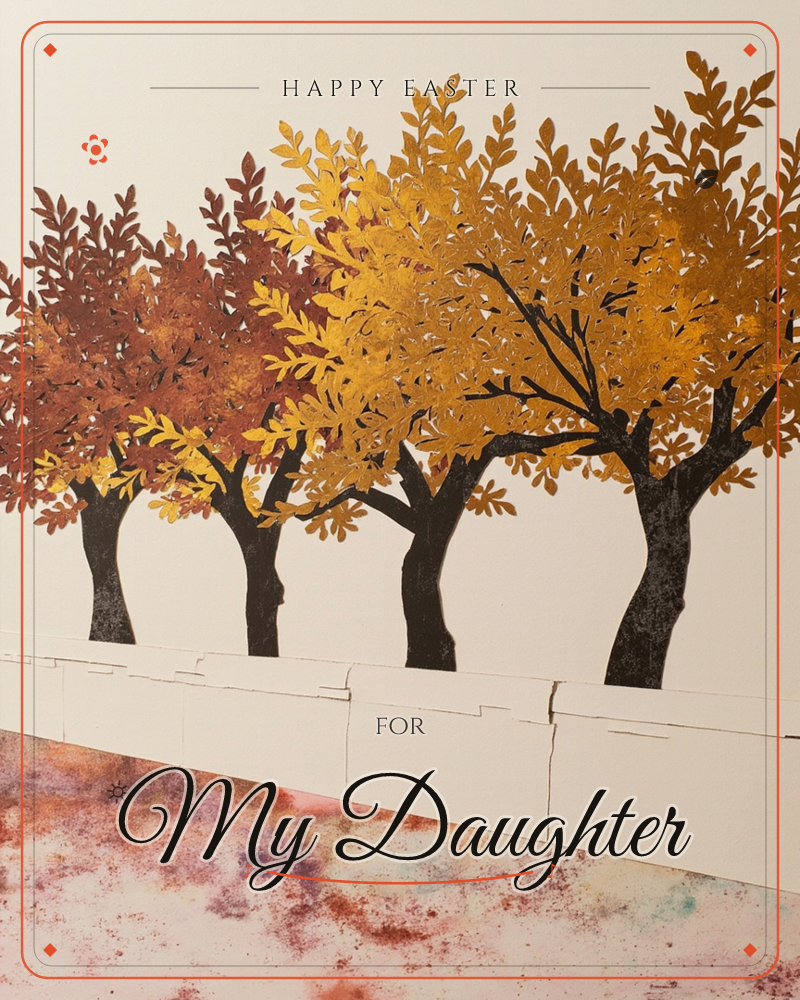 A row of four paper-cut trees stands behind a low cardboard wall, their layered foliage shifting from deep rust to burnished gold across the line, a easter e-card design