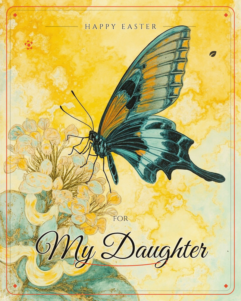 A large teal-blue swallowtail butterfly perches on a cluster of pale cream blossoms rising from a swirling, wave-like carved rock, a easter e-card design