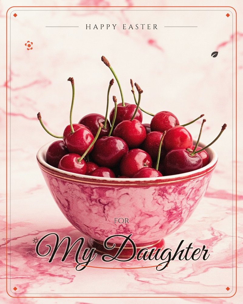 A pink marbled bowl sits piled high with glossy dark red cherries, their stems arching upward in every direction, set against a matching pink marble…, a easter e-card design