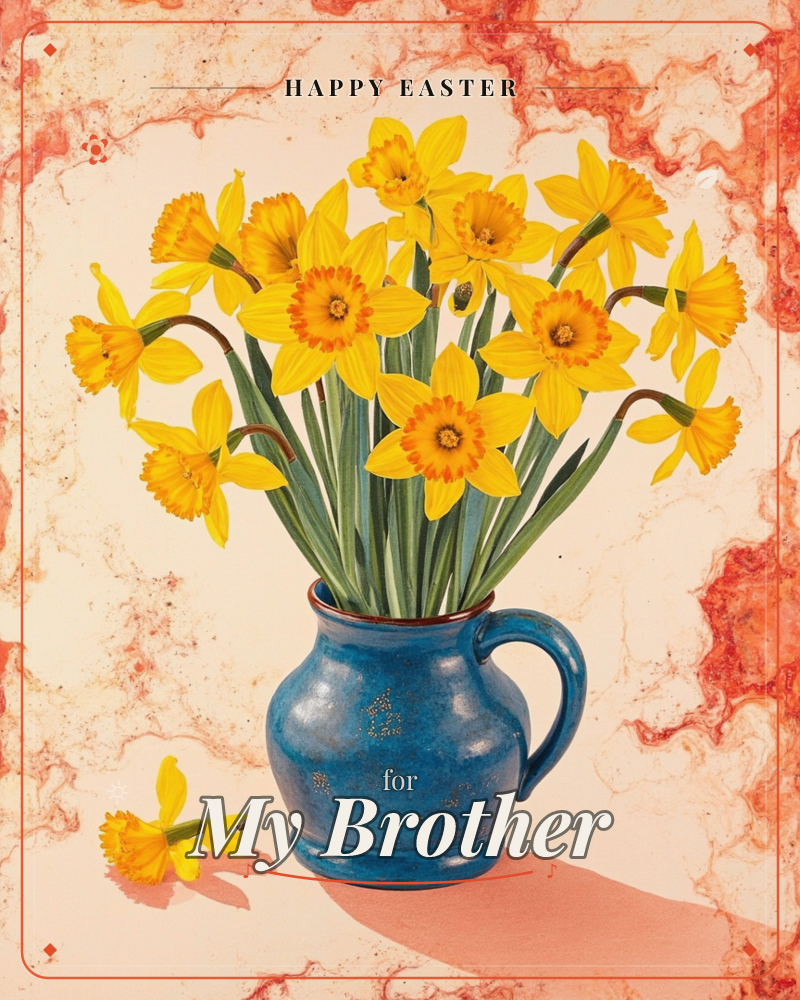 A plump blue jug brims with a bouquet of yellow daffodils, their trumpet centres glowing orange against a marbled peach and coral background, a easter e-card design