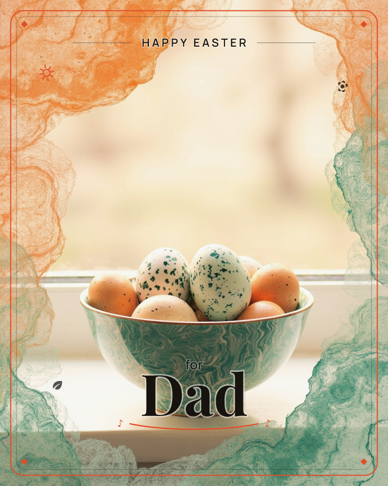 A marbled teal-green bowl sits on a sunlit windowsill, filled with speckled eggs in soft cream, pale mint, and warm terracotta tones, a easter e-card design