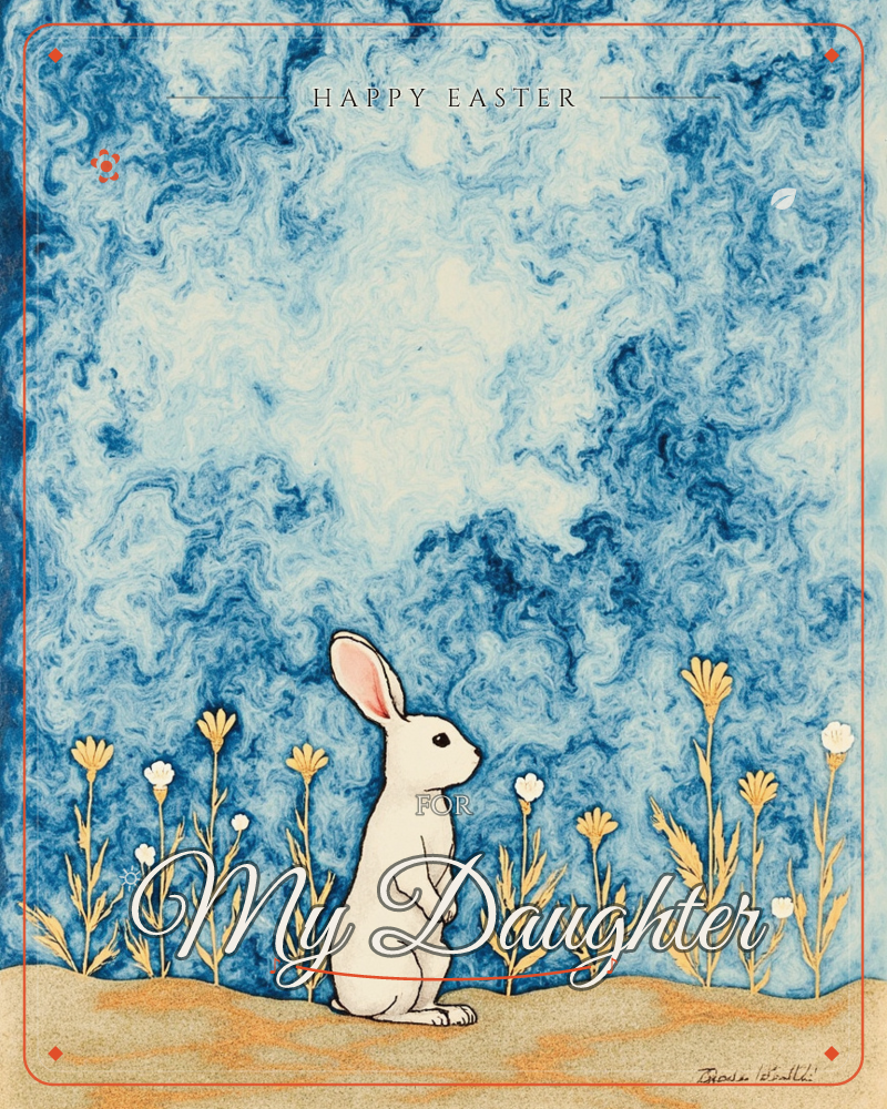 A single white rabbit sits upright on a sandy patch of ground, surrounded by tall golden wildflowers, while a swirling, marbled blue sky fills most of…, a easter e-card design