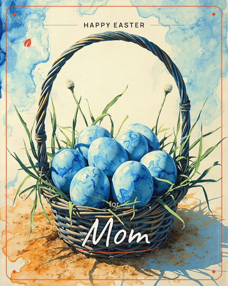 A woven basket sits on sandy ground, filled with marbled blue eggs nestled among tufts of green grass and two small budding flowers, a easter e-card design