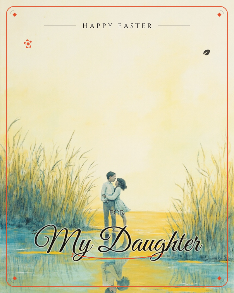 Two figures stand close together in shallow water, framed by tall golden reeds on either side, their embrace mirrored perfectly in the still surface below, a easter e-card design