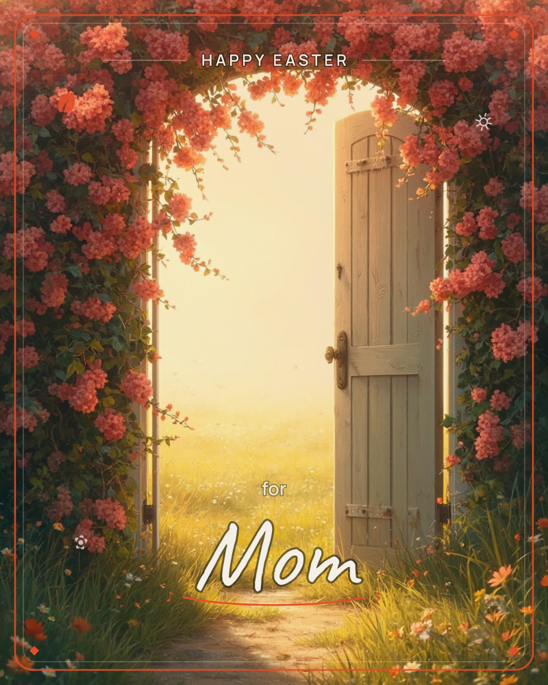 A weathered wooden door stands open beneath an arching trellis smothered in pink climbing roses, revealing a sunlit meadow beyond, a easter e-card design
