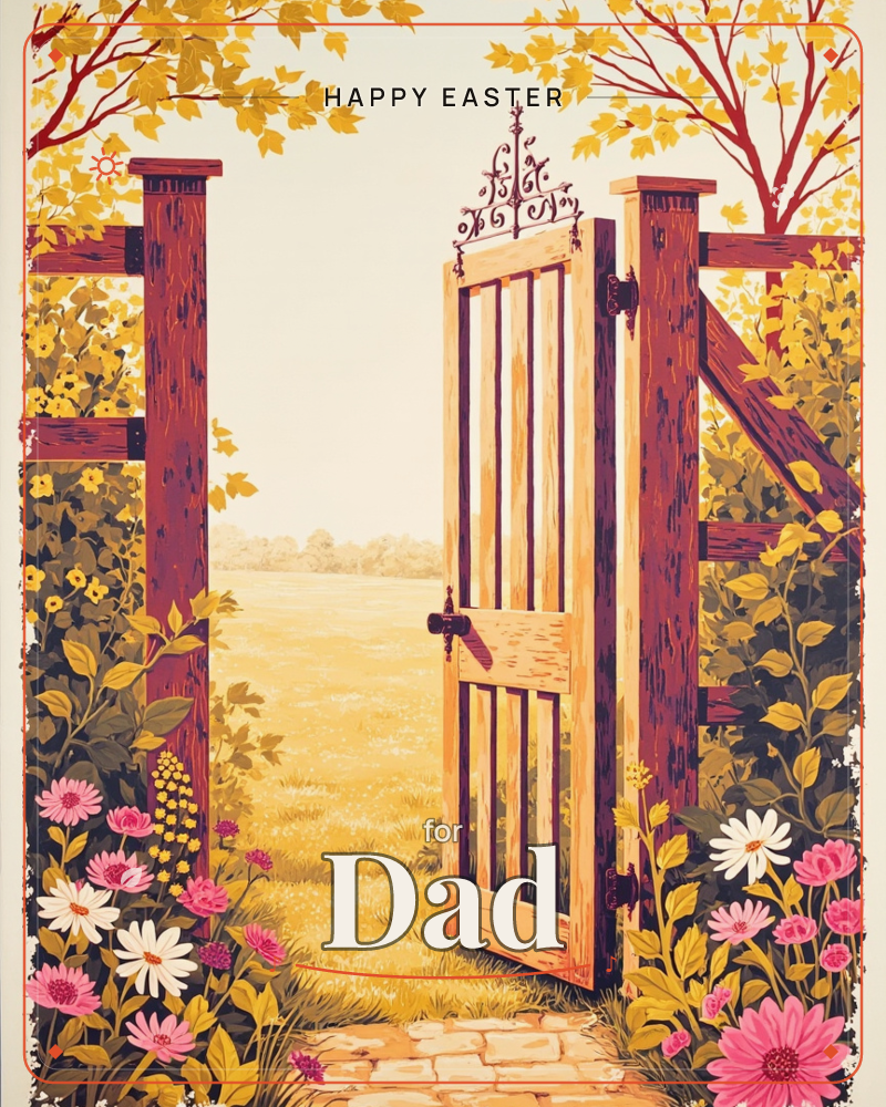 A wooden garden gate stands open onto a golden meadow, framed by autumn trees with amber leaves and a stone path leading through blooming pink and…, a easter e-card design