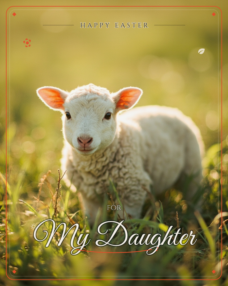 A small white lamb stands in a sunlit field of tall grass, its pink-lined ears glowing translucent in the golden backlight, a easter e-card design