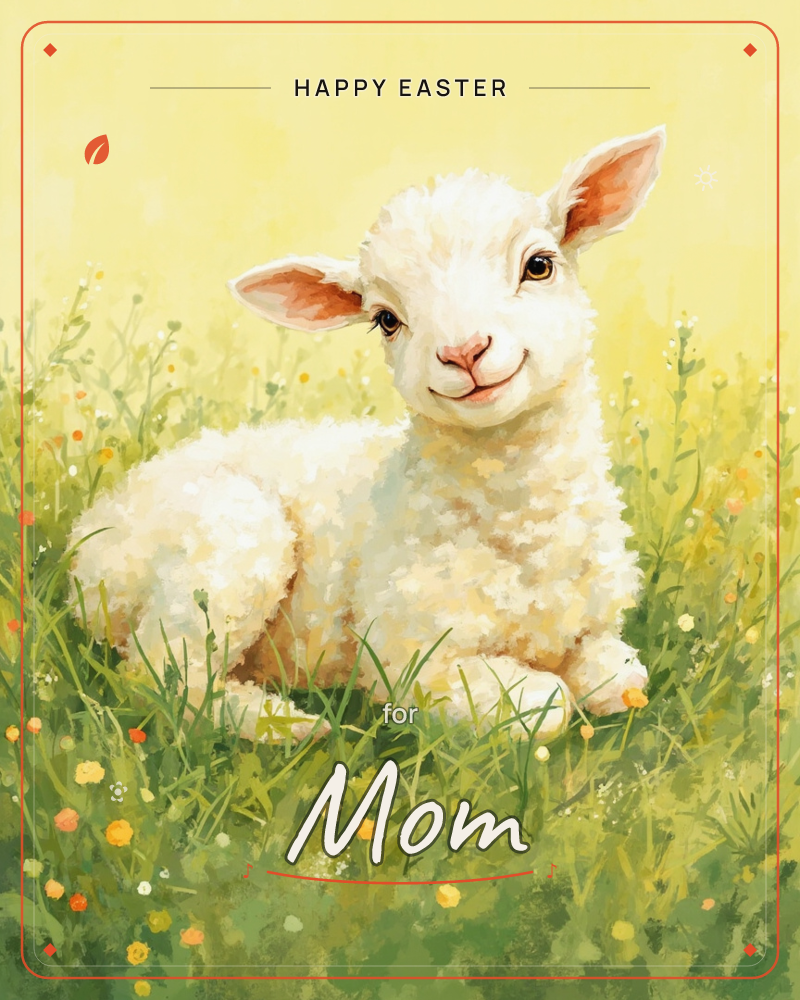 A woolly white lamb lies curled in a meadow of tall grass, its pink ears perked and a gentle smile on its face, a easter e-card design