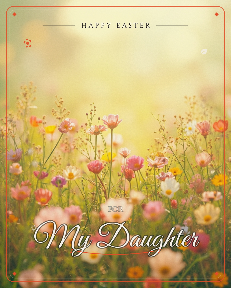 A sunlit meadow bursts with wildflowers in pink, coral, cream and gold, their slender stems and delicate petals caught in a soft golden haze, a easter e-card design