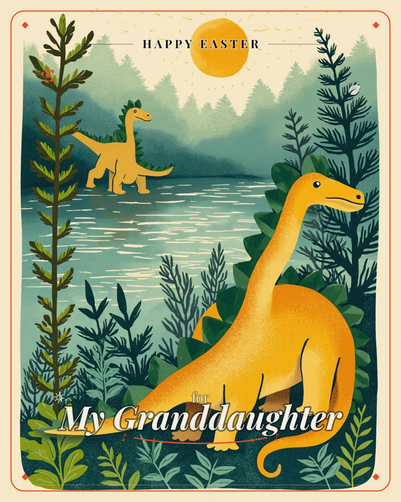 A prehistoric lakeside scene shows two long-necked dinosaurs in golden-yellow, one wading through misty water in the distance and another standing…, a easter e-card design