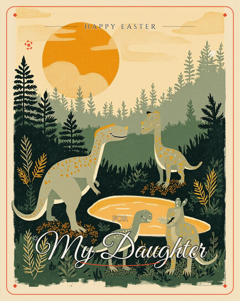 A prehistoric forest glows under a huge orange sun, with four spotted dinosaurs gathered around a glassy watering hole, a easter e-card design