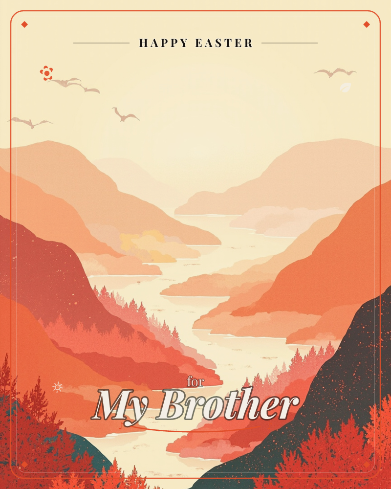 A layered river valley unfolds in warm sunset tones, with a pale winding river cutting through rows of overlapping hills and treetops, a easter e-card design