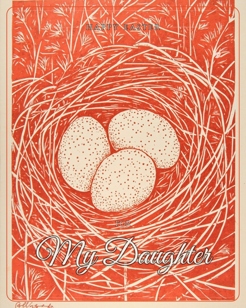 A woven bird's nest of curling twigs and grasses cradles three speckled eggs, the whole image rendered in bold burnt-orange and cream lines like a…, a easter e-card design