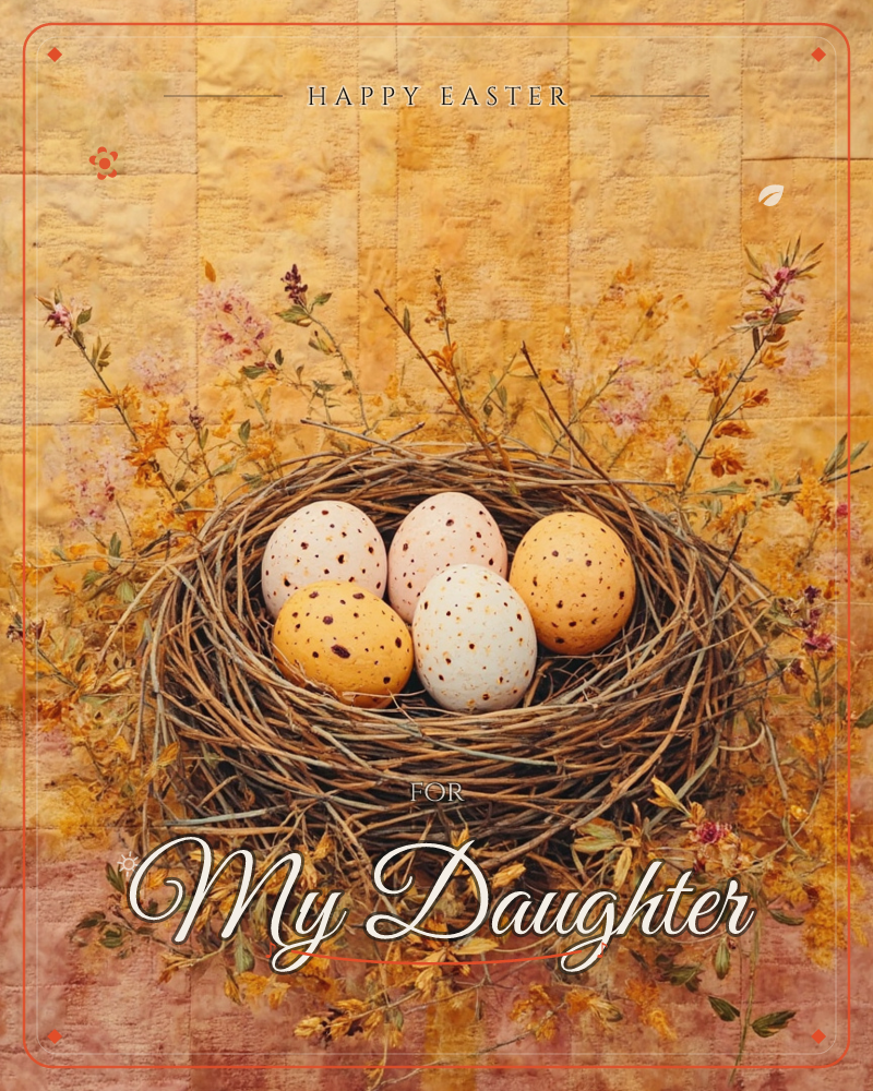 A woven twig nest cradles five speckled eggs in cream, blush, and ochre, framed by sprigs of small dried flowers, a easter e-card design