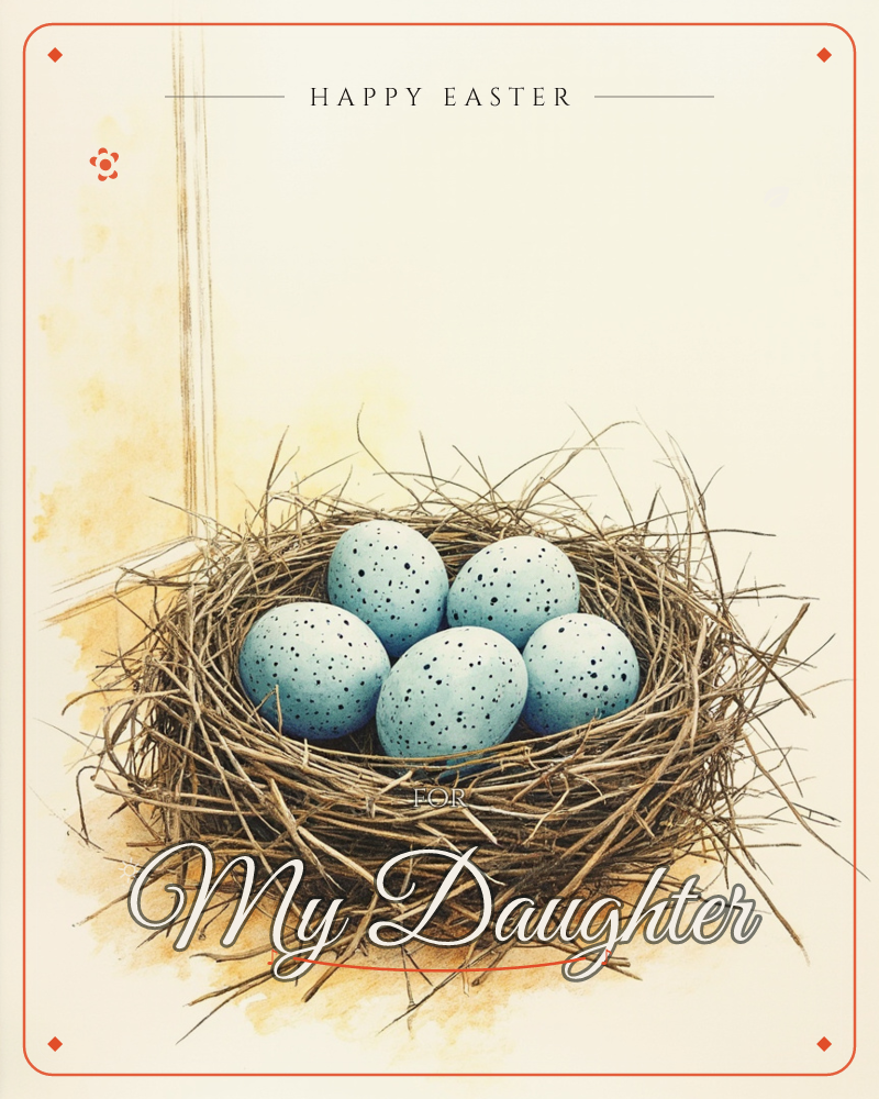 A woven twig nest cradles five speckled robin's-egg blue eggs, rendered in fine botanical-illustration detail against a soft cream background with…, a easter e-card design