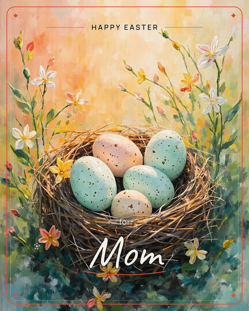 A woven twig nest cradles five speckled eggs in soft blue and cream tones, set against a glowing peach-and-gold background scattered with wildflowers…, a easter e-card design