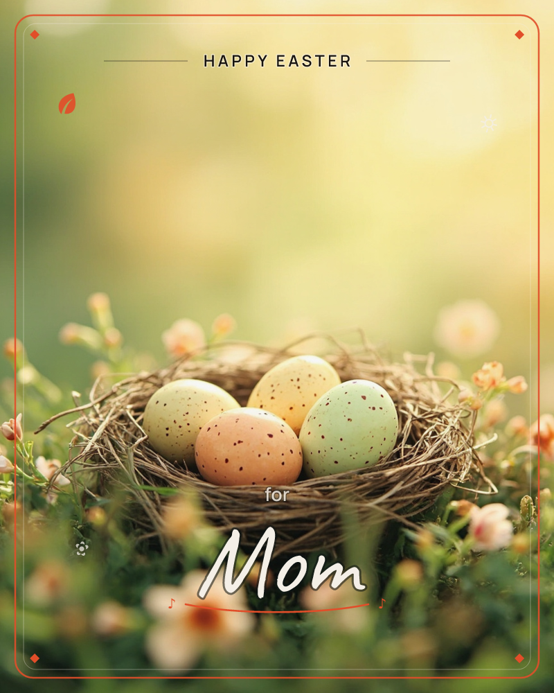 A woven twig nest cradles four speckled eggs in soft yellow, peach, and mint green, set low in a meadow of tiny wildflowers, a easter e-card design