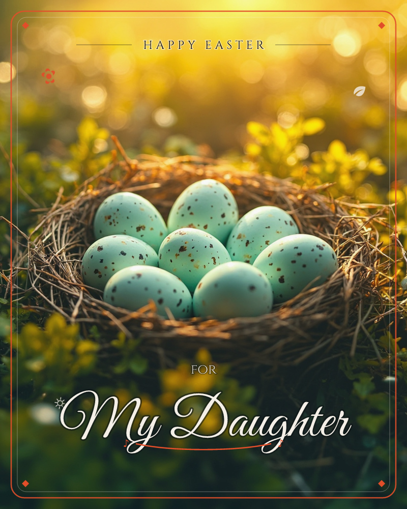 A woven twig nest cradles a cluster of speckled blue-green eggs, nestled among greenery with golden sunlight glowing softly behind, a easter e-card design