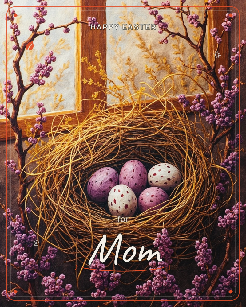 A woven twig nest sits before a frosted windowpane, cradling five speckled eggs in shades of lilac and cream, a easter e-card design