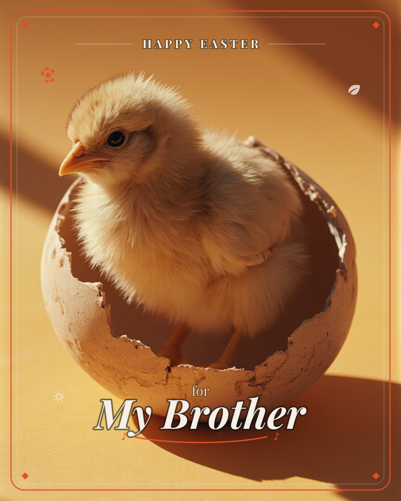 A fluffy yellow chick perches inside a large cracked eggshell, caught in warm slanting sunlight against a peach-toned backdrop, a easter e-card design