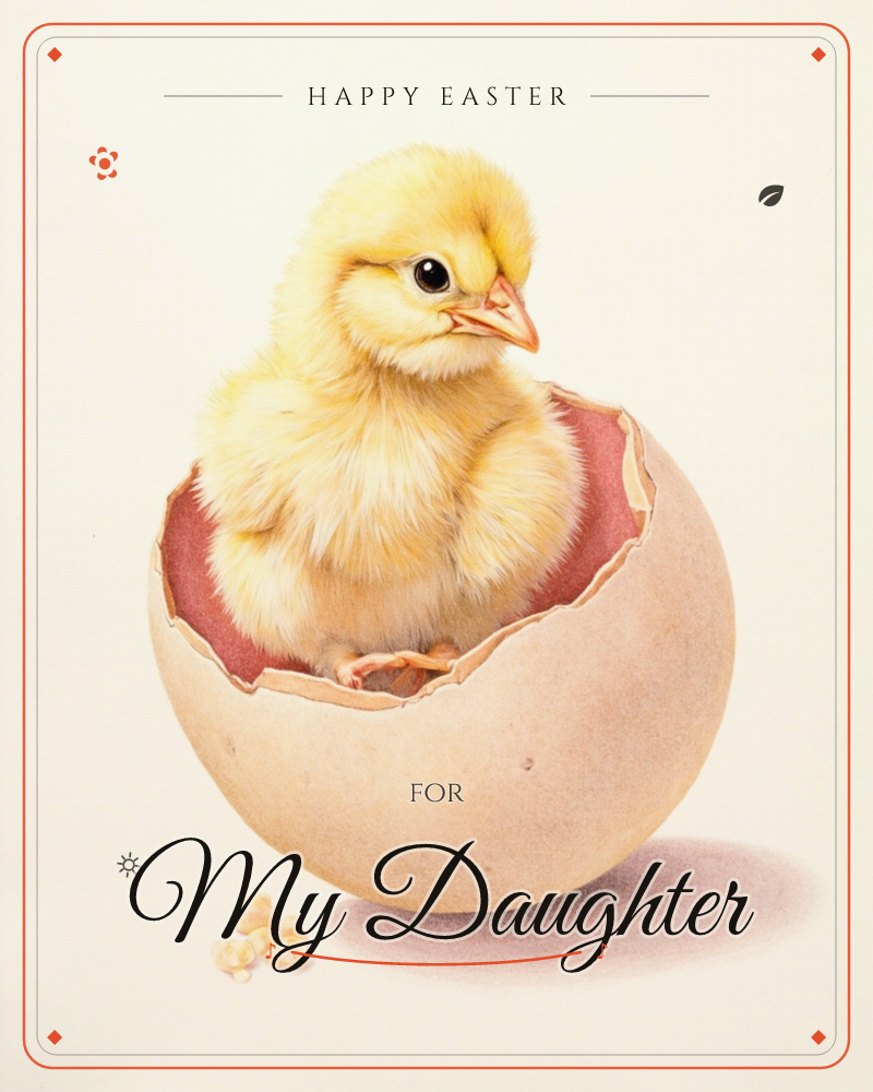 A fluffy yellow chick perches inside a cracked eggshell, its downy feathers catching a soft warm light against a plain cream background, a easter e-card design