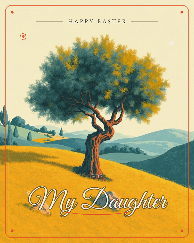 A single gnarled tree with a twisting rust-orange trunk stands alone on a golden hillside, its canopy shifting between teal and mustard-yellow leaves, a easter e-card design