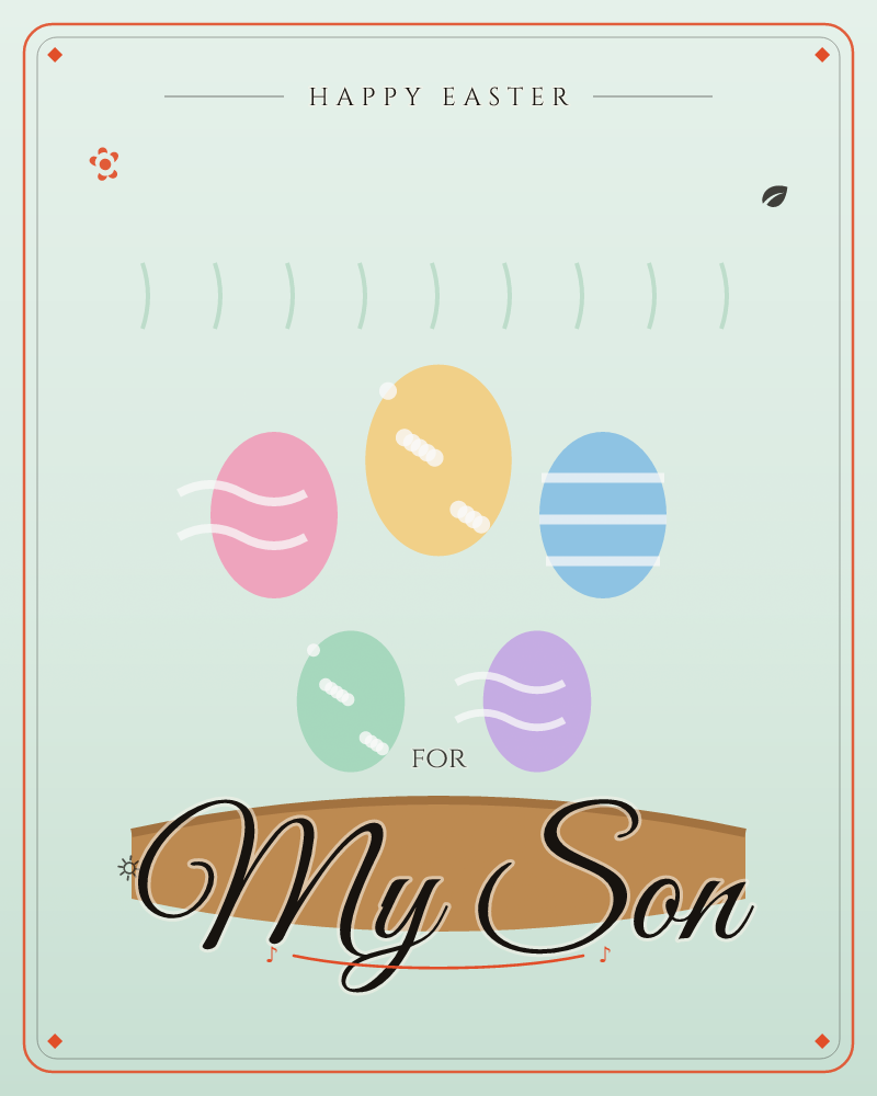 Five pastel eggs painted with stripes, spots and waves, resting in a woven basket against a soft mint ground, a easter e-card design