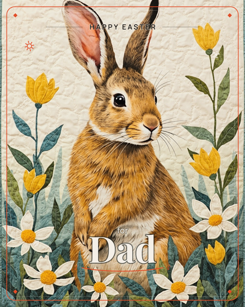 A brown rabbit sits upright on its haunches, ears alert and paws folded, surrounded by tall yellow tulips and white daisies against a textured cream…, a easter e-card design