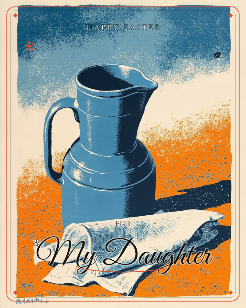 A blue ceramic pitcher stands on a sun-warmed orange tabletop beside a loosely folded linen cloth, its long shadow stretching across the speckled surface, a easter e-card design