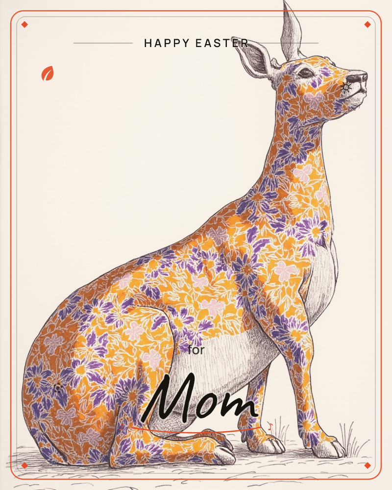 A deer sits in profile against a plain cream background, its body rendered in fine ink linework and covered in a bold floral pattern of orange, purple…, a easter e-card design