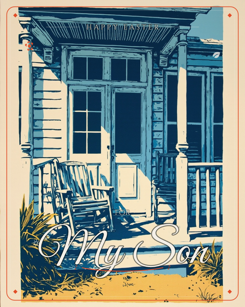 A print of a quiet front porch, all columns, railings and a paneled double door rendered in bold blue tones against a cream background, a easter e-card design