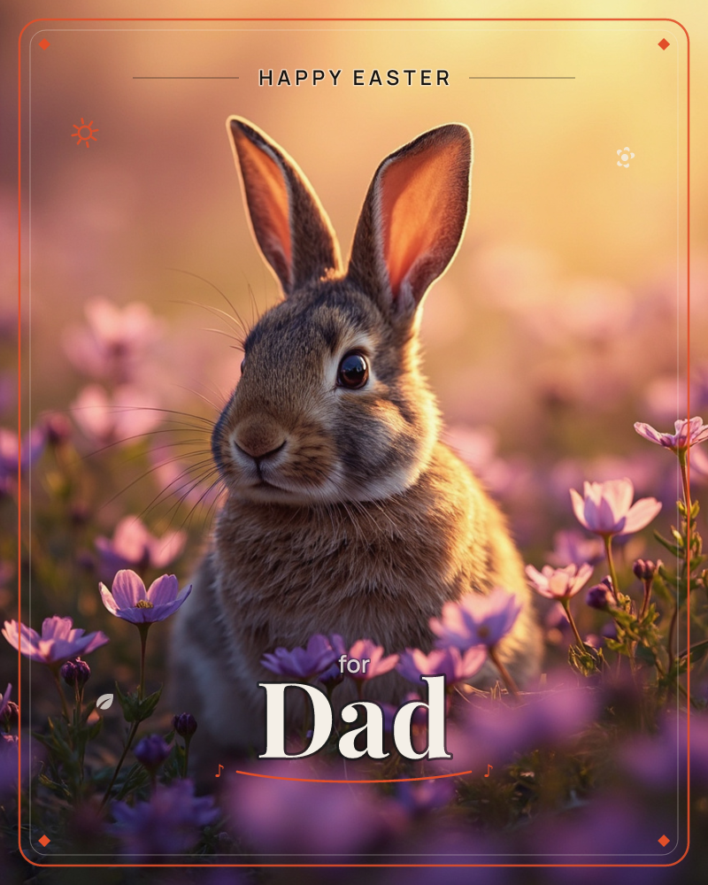 A brown rabbit sits alert among a haze of purple and pink wildflowers, its tall ears backlit by golden late-day sun, a easter e-card design